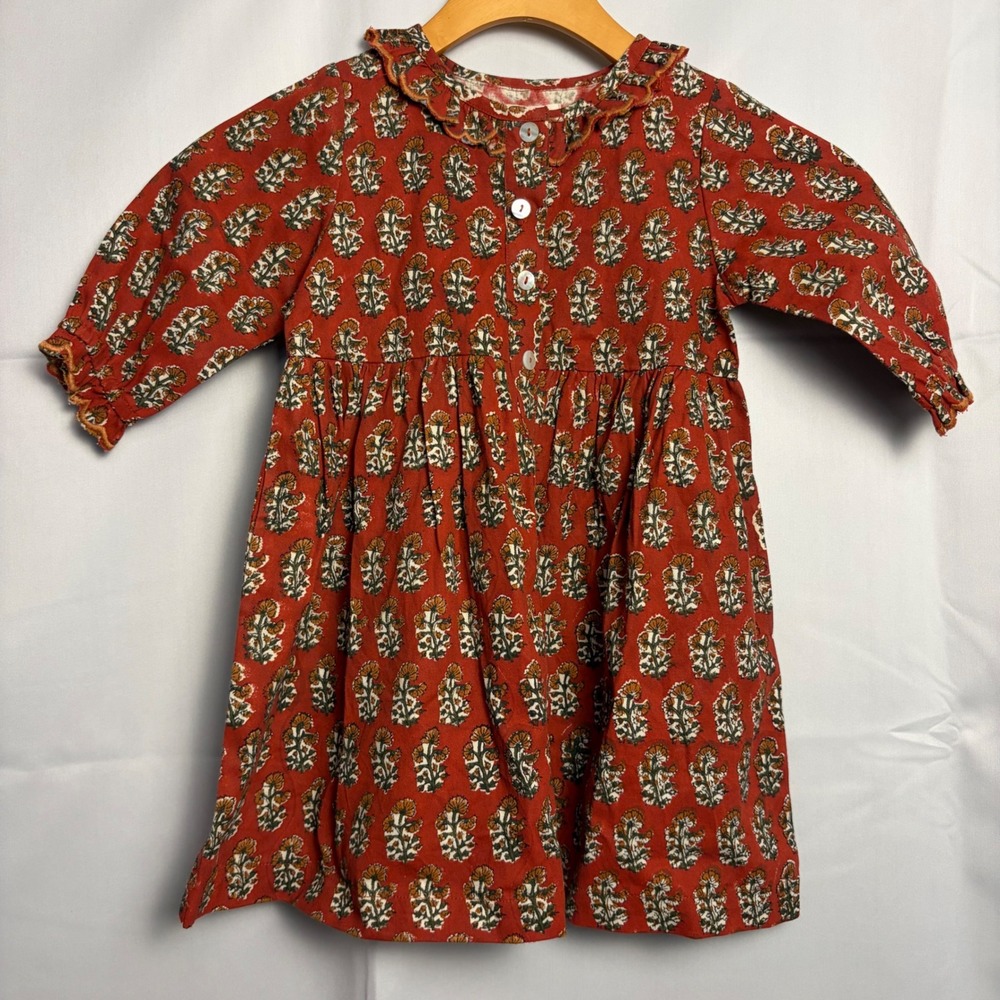 Lali Kids Rust Orange Floral Block Print Cotton Ruffle Dress Size 3 NWT